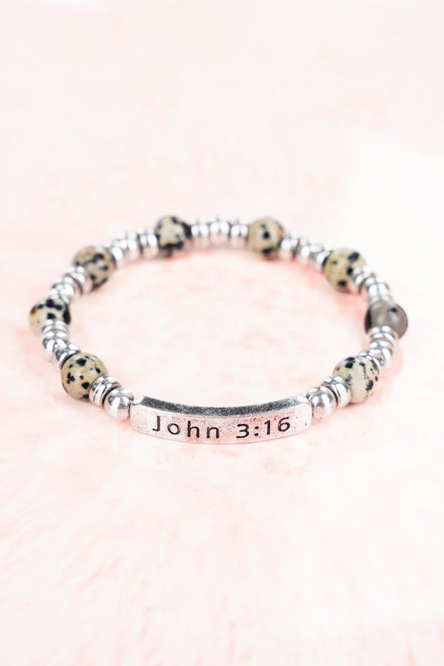 Celia Dalmation Jasper Silvertone 'John 3:16' Beaded Bracelet Set - Wholesale Accessory Market