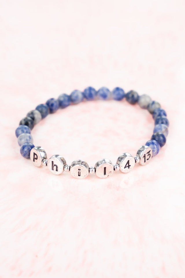 Alayna Blue Silvertone 'Phil 4:13' Beaded Bracelet Set - Wholesale Accessory Market