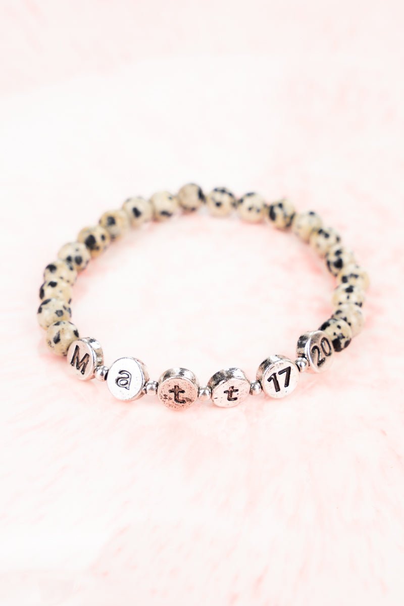 Evangeline Dalmation Jasper Silvertone 'Matt 17:20' Beaded Bracelet Set - Wholesale Accessory Market