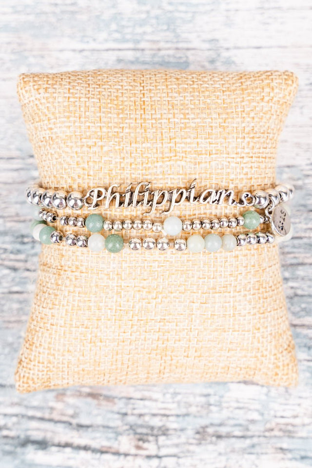 Amazonite Worn Silvertone Phillipians 4:13 Beaded Bracelet Set - Wholesale Accessory Market