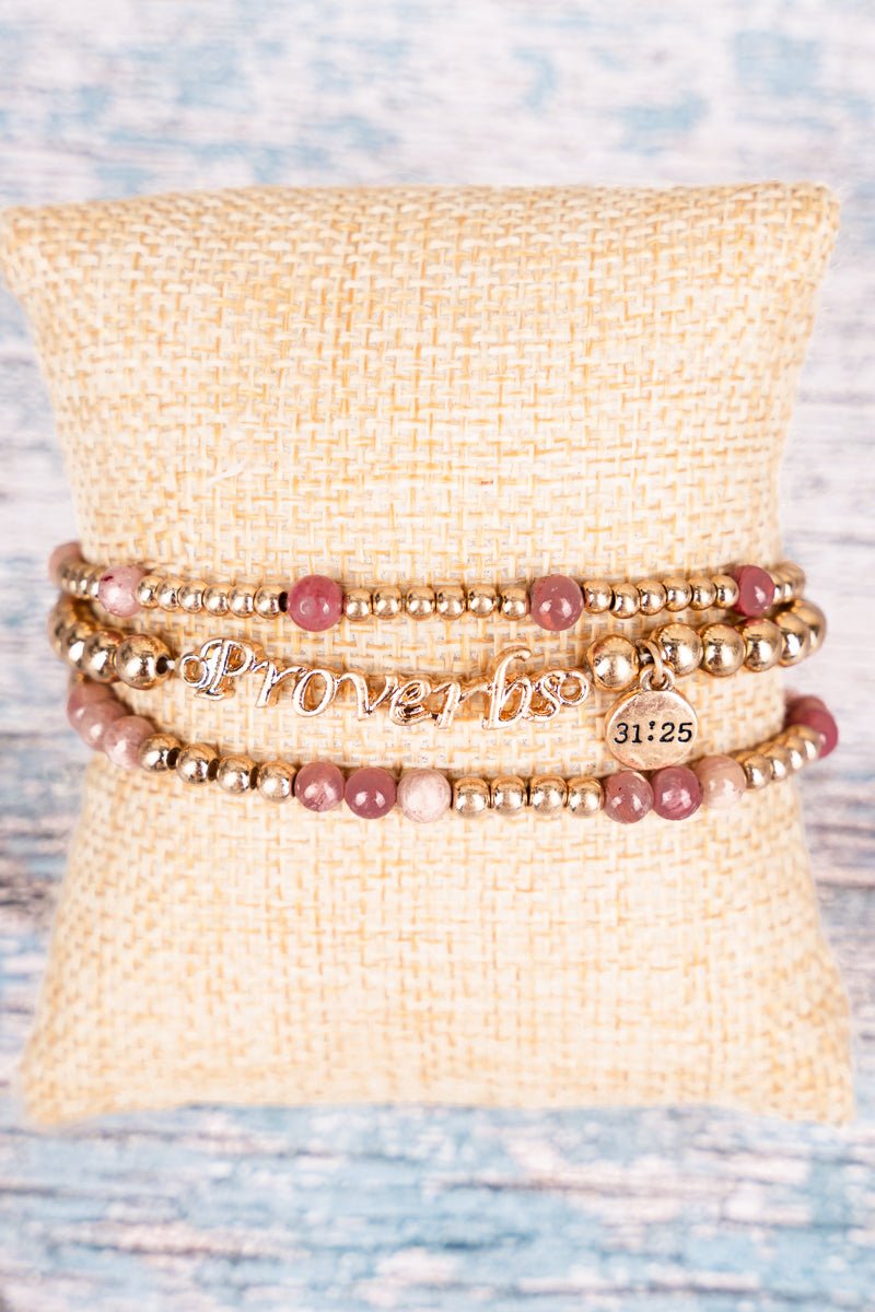 Pink Worn Goldtone 31:25 Beaded Bracelet Set - Wholesale Accessory Market