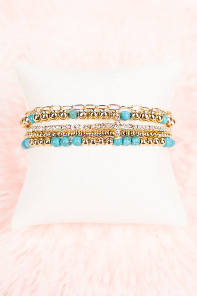 Beatriz Turquoise Goldtone Beaded and Cross Bracelet Set - Wholesale Accessory Market