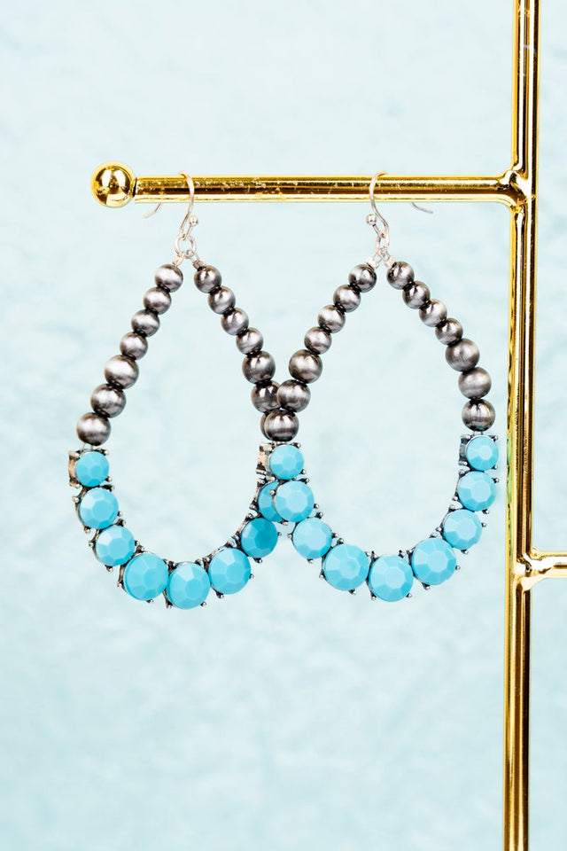 Eyes On You Turquoise Crystal and Silver Pearl Teardrop Earrings - Wholesale Accessory Market