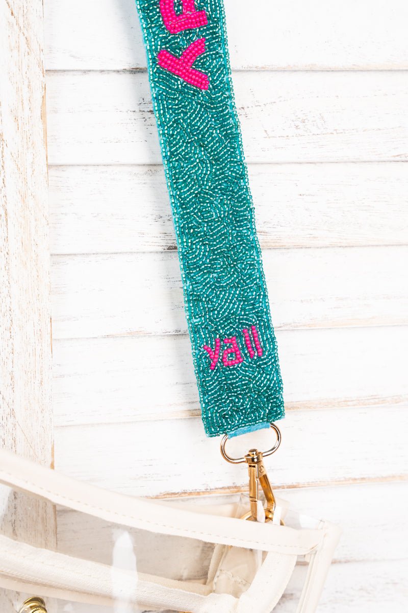 Turquoise and Pink 'Howdy' Hat Seed Bead Bag Strap - Wholesale Accessory Market