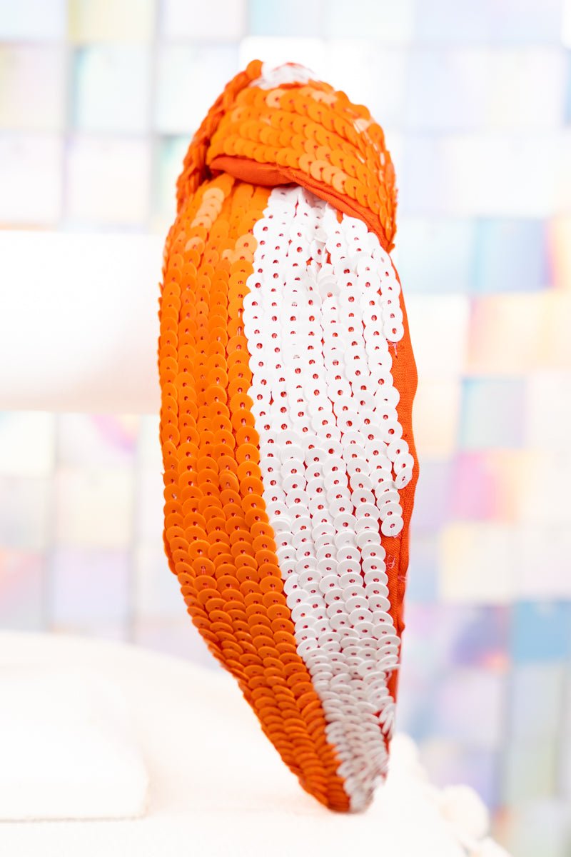 Team Colors Orange and White Sequin Knotted Headband - Wholesale Accessory Market