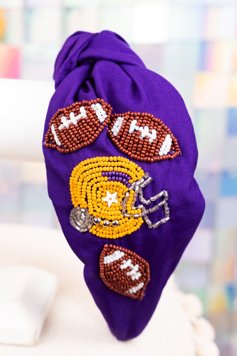 Fall Means Football Purple and Yellow Seed Bead Knotted Headband - Wholesale Accessory Market