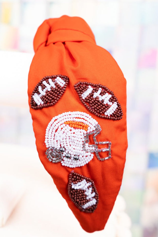 Fall Means Football Orange and White Seed Bead Knotted Headband - Wholesale Accessory Market