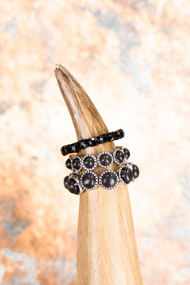 Silvertone Rhinestone and Black Stretch Ring Set - Wholesale Accessory Market