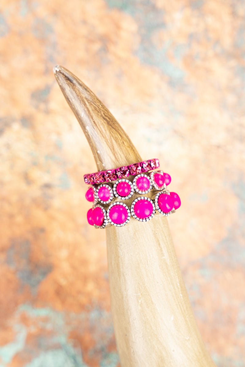 Silvertone Rhinestone and Hot Pink Stretch Ring Set - Wholesale Accessory Market