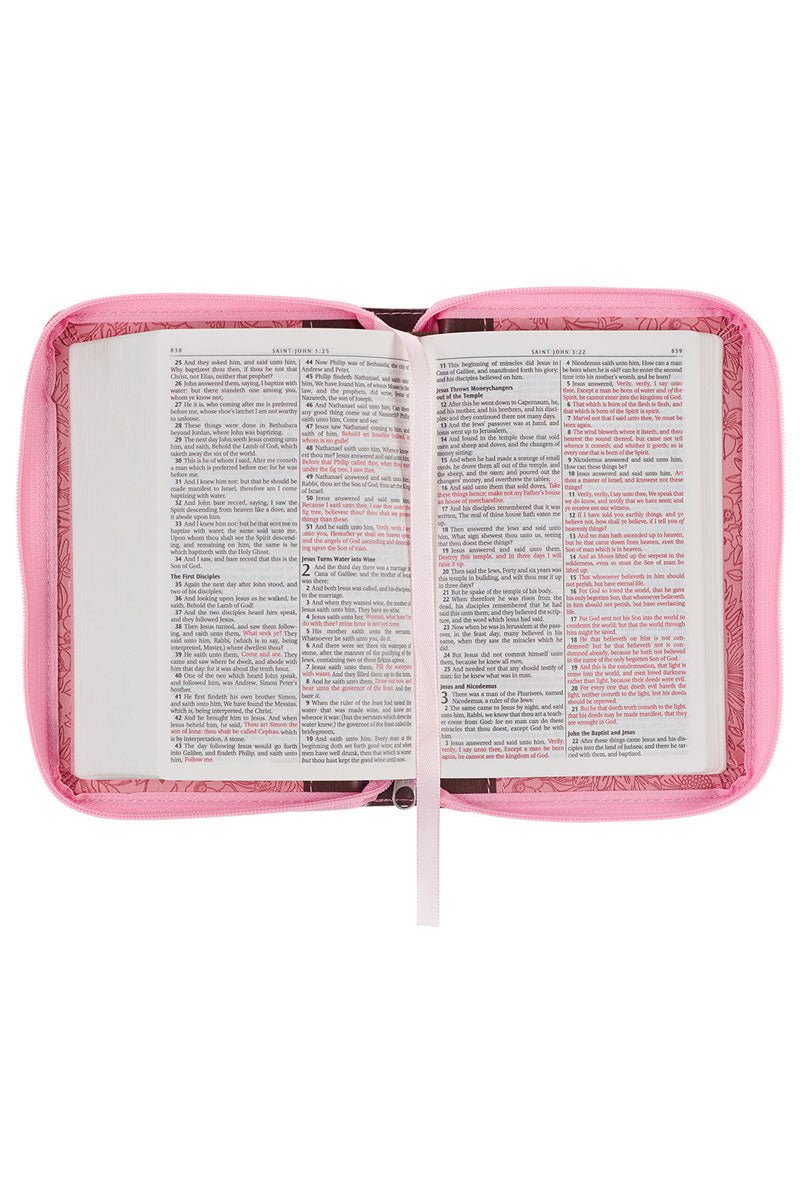 Pink Floral Faux Leather Zippered Mini Pocket KJV Bible - Wholesale Accessory Market