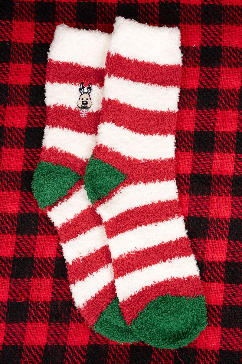 Dashing Through The Snow Reindeer Striped Fuzzy Socks - Wholesale Accessory Market