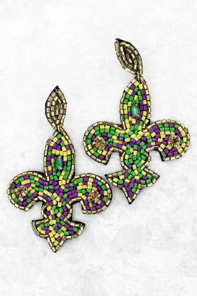 Mardi Gras Seed Bead Fleur De Lis Earrings - Wholesale Accessory Market