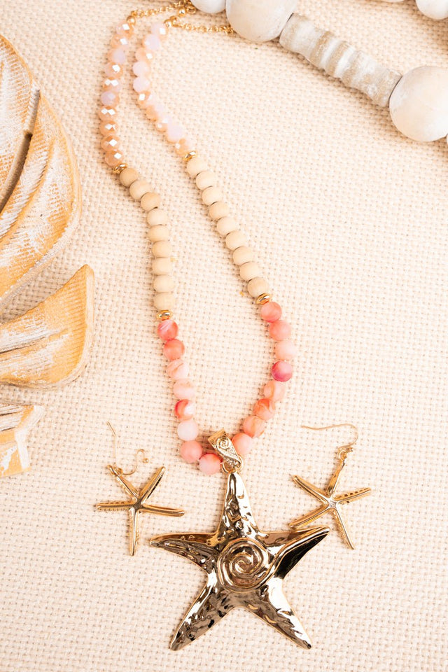 Treasure Cay Starfish Coral Beaded Goldtone Necklace and Earring Set - Wholesale Accessory Market