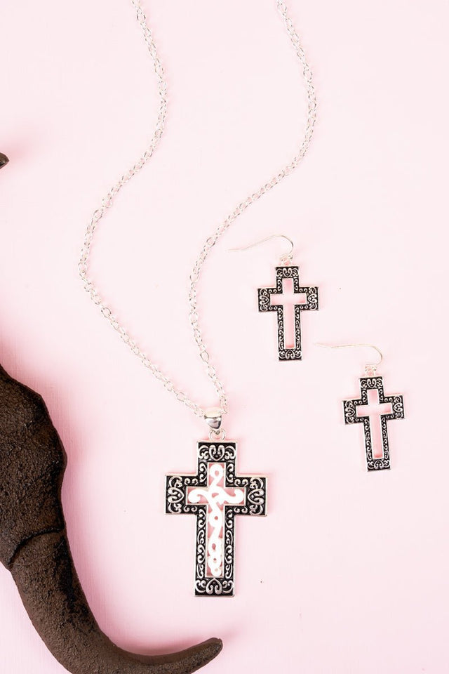 Silvertone Filigree Pearl Cross Necklace and Earring Set - Wholesale Accessory Market