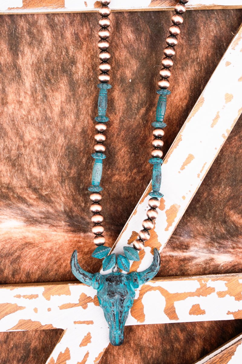 Patina Steer Skull Navajo Pearl Beaded Necklace | Wholesale