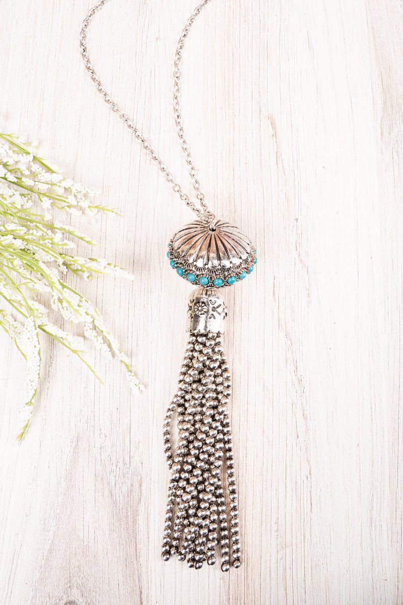 SALE! Turquoise Beaded Silvertone Squash Blossom Tassel Pendant Necklace - Wholesale Accessory Market