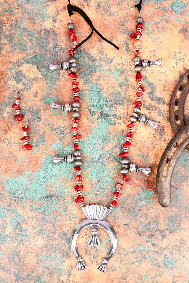 50% OFF! Silvertone and Red Chip Stone Squash Blossom Necklace and Earring Set - Wholesale Accessory Market