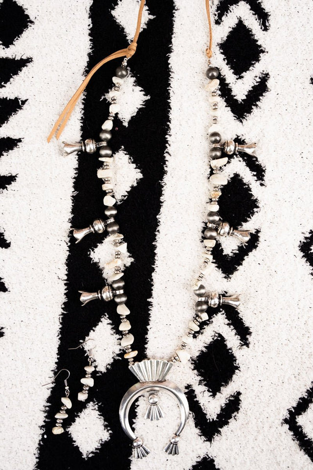 SALE! Silvertone and White Chip Stone Squash Blossom Necklace and Earring Set - Wholesale Accessory Market