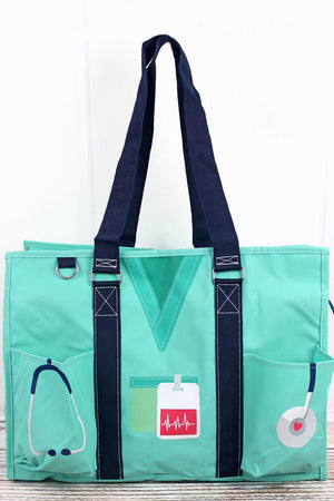 NGIL Scrub Life Mint with Navy Trim Large Organizer Tote - Wholesale Accessory Market