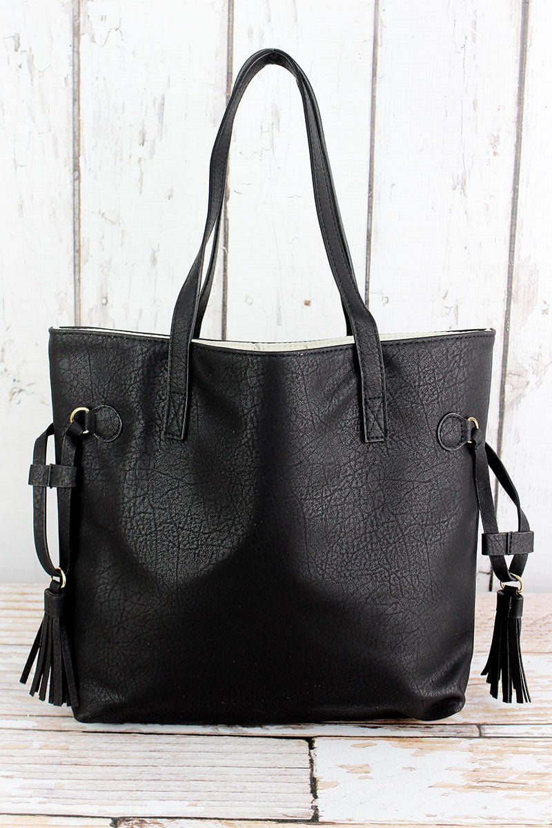 NGIL Black Faux Leather Side Tassel Tote - Wholesale Accessory Market