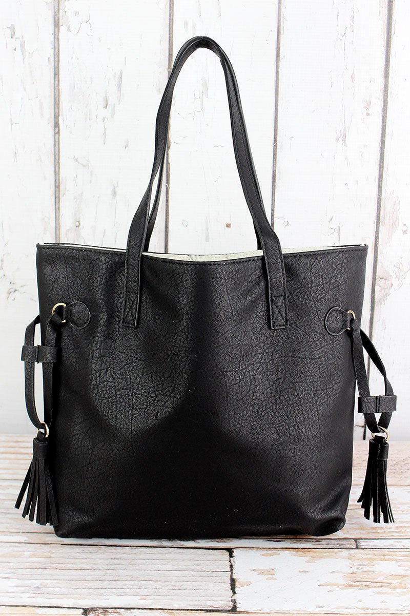 Black Faux Leather Side Tassel Tote | Wholesale Accessory Market