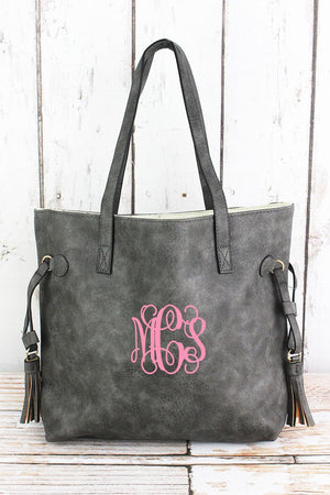 NGIL Dark Gray Faux Leather Side Tassel Tote - Wholesale Accessory Market