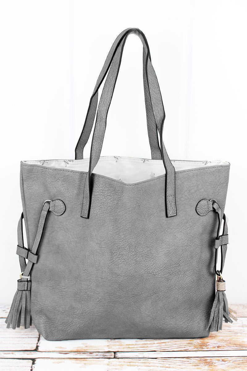 NGIL Gray Faux Leather Side Tassel Tote - Wholesale Accessory Market