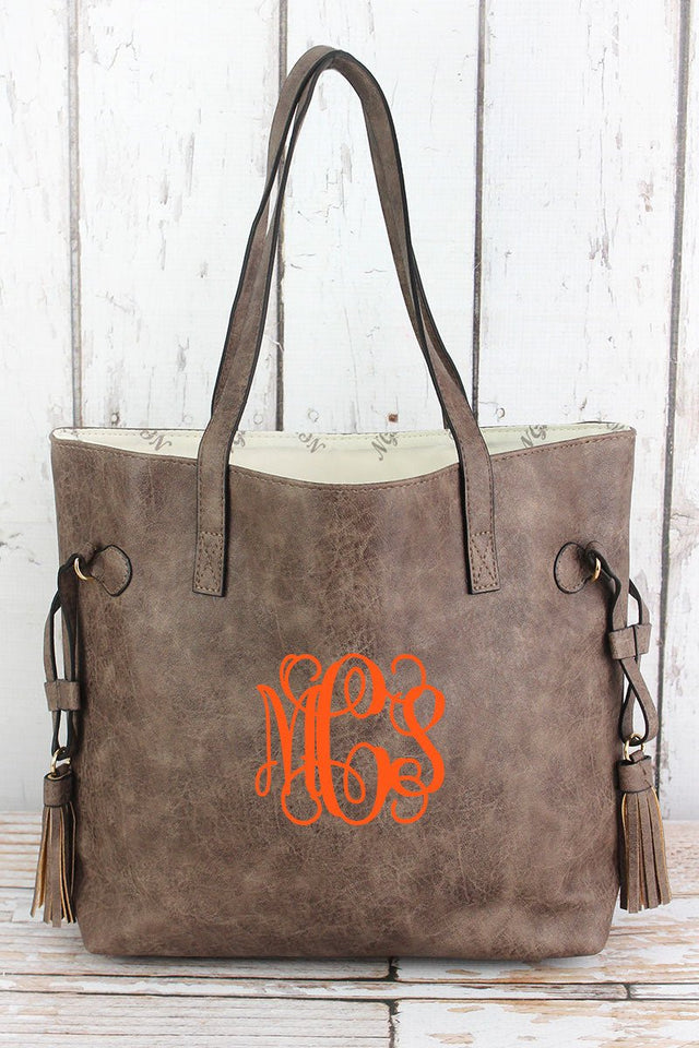 NGIL Taupe Gray Faux Leather Side Tassel Tote - Wholesale Accessory Market