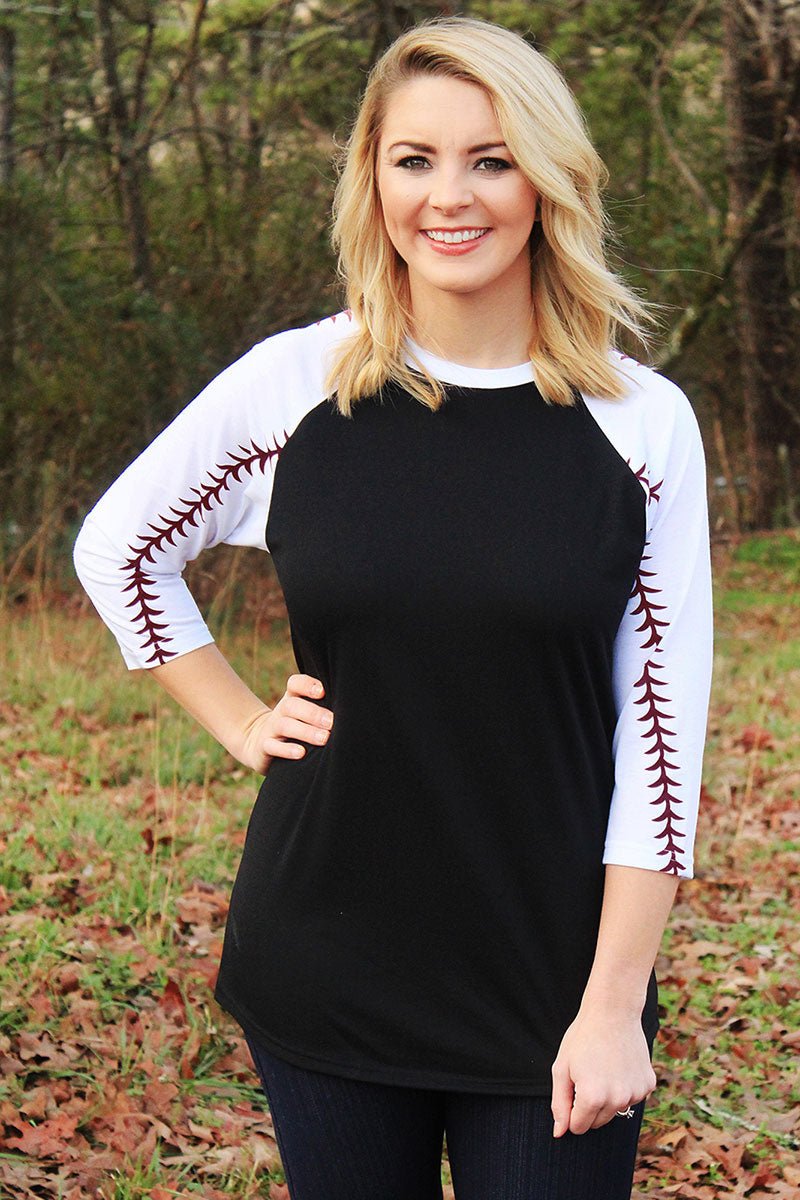 Baseball Laces 3/4 Sleeve Raglan Tee, Black *Personalize It - Wholesale Accessory Market