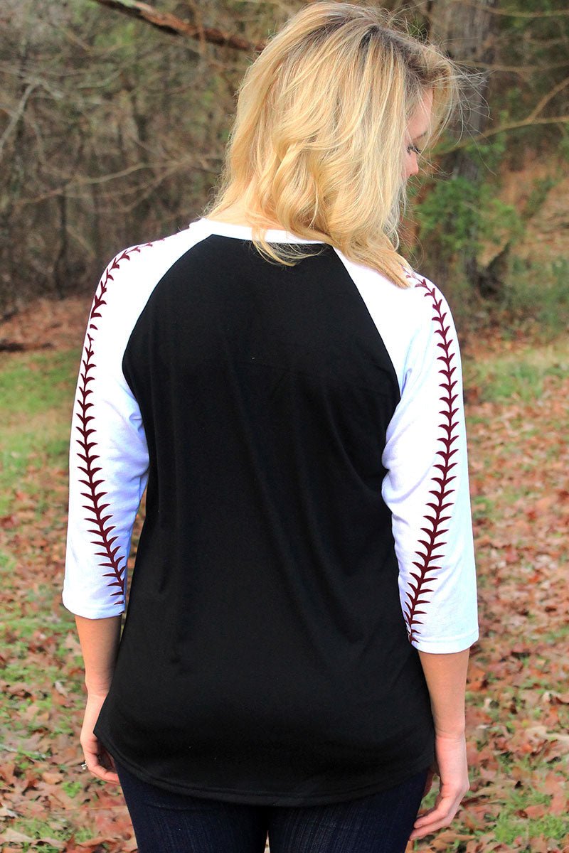 Baseball Laces 3/4 Sleeve Raglan Tee, Black