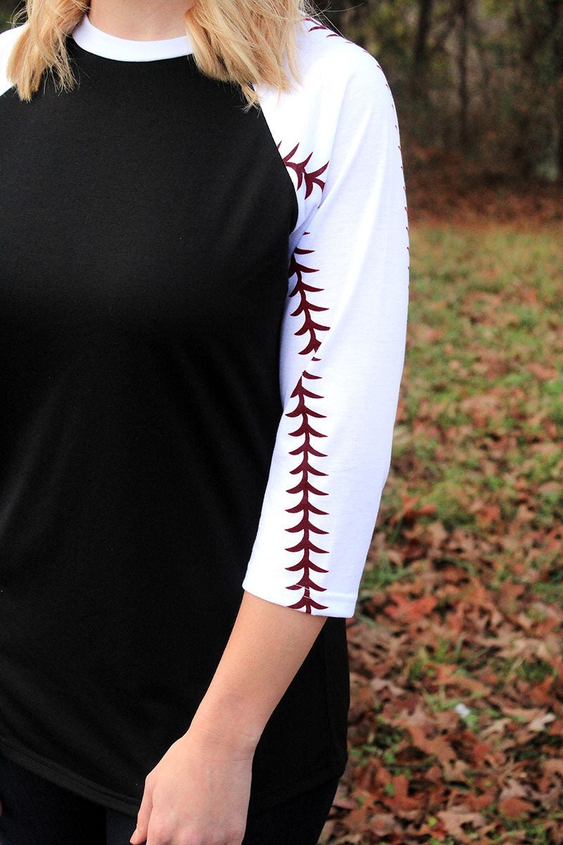 Baseball Laces 3/4 Sleeve Raglan Tee, Black