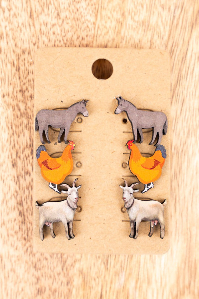 TIPI Barnyard Besties Wood Stud Earrings 3 Pair Set - Wholesale Accessory Market