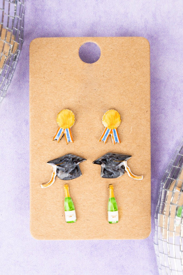 Graduation Enamel Stud Earrings 3 Pair Set - Wholesale Accessory Market