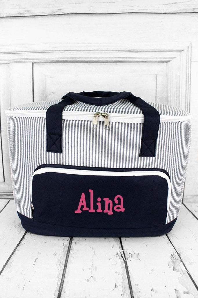 NGIL Navy Striped Seersucker Cooler Tote with Lid