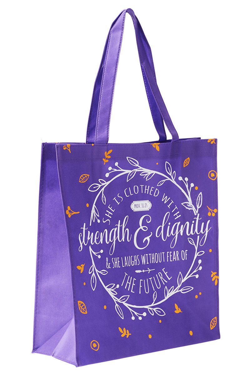 Proverbs 31:25 'Strength & Dignity' Purple Tote Bag - Wholesale Accessory Market