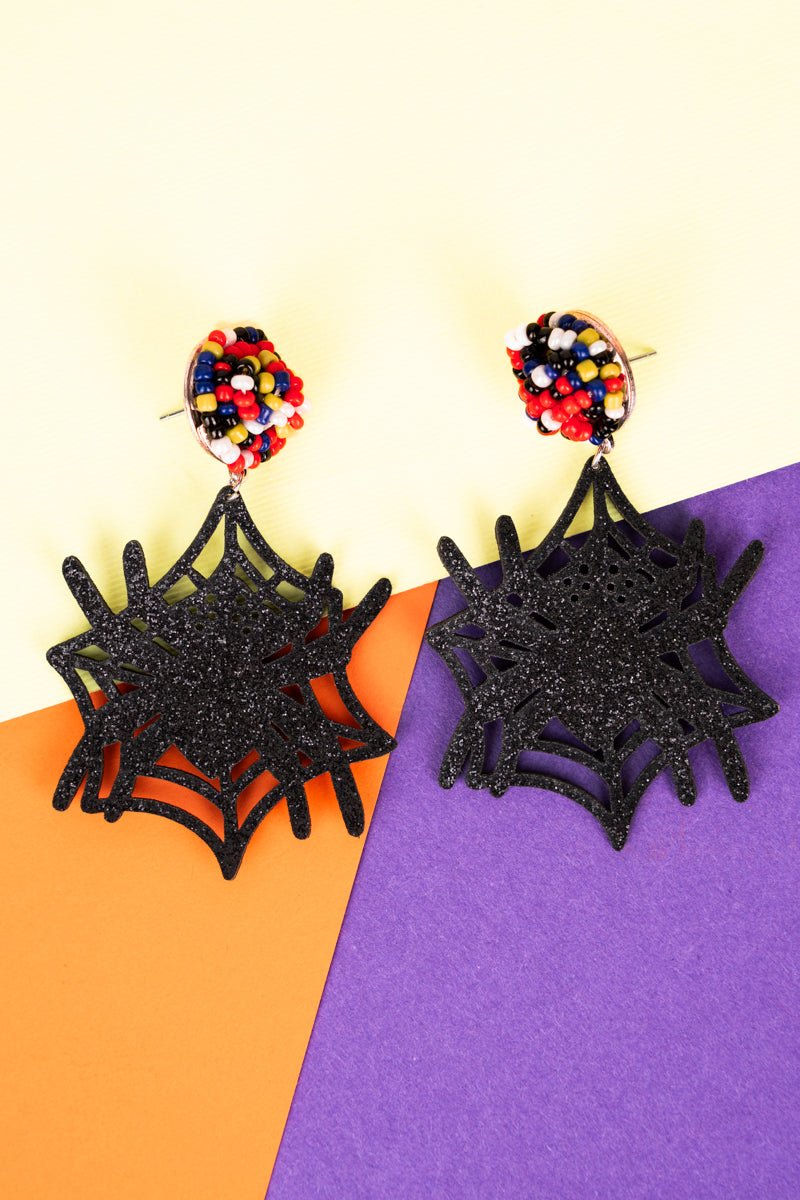 Glittery Black Spider Web Earrings - Wholesale Accessory Market