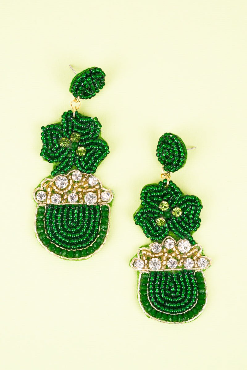 Saint Patrick's Day Pot Of Gold and Clovers Seed Bead Earrings - Wholesale Accessory Market