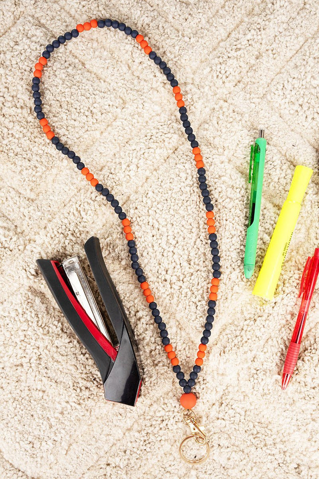 Viola Game Day Navy and Orange Beaded Lanyard - Wholesale Accessory Market