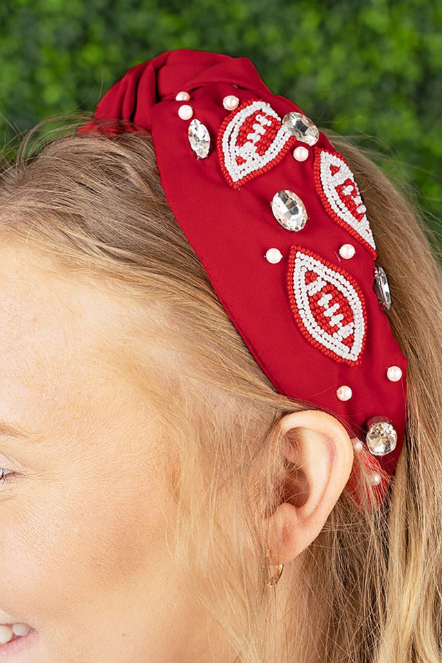 Red and White Football Seed Bead Knotted Headband - Wholesale Accessory Market