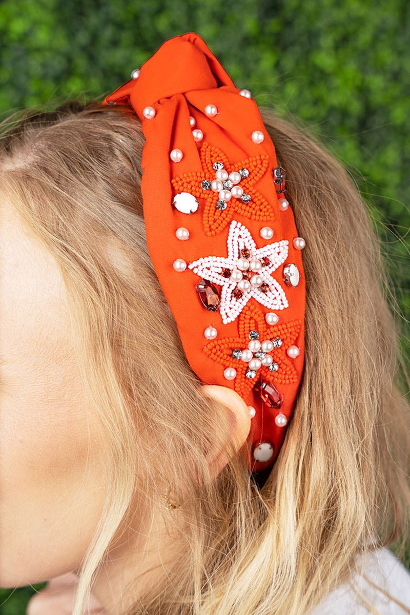 Rhinestone Orange and White Star Knotted Headband - Wholesale Accessory Market