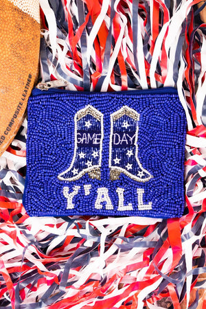 Game Day Y'all Blue and White Seed Bead Coin Purse - Wholesale Accessory Market