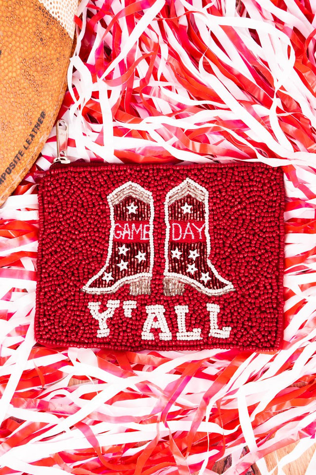 Game Day Y'all Red and White Seed Bead Coin Purse - Wholesale Accessory Market