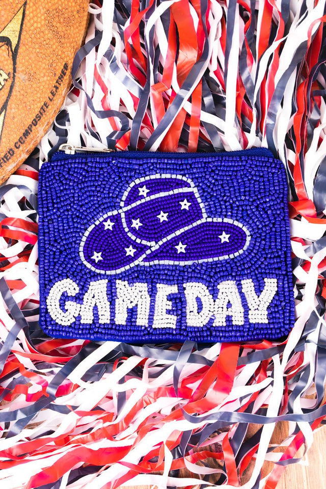 Hat's Off Game Day Blue and White Seed Bead Coin Purse - Wholesale Accessory Market