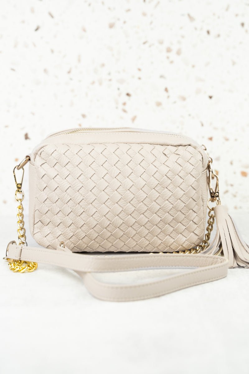 Cream Leather-Look Woven Cross Body Bag