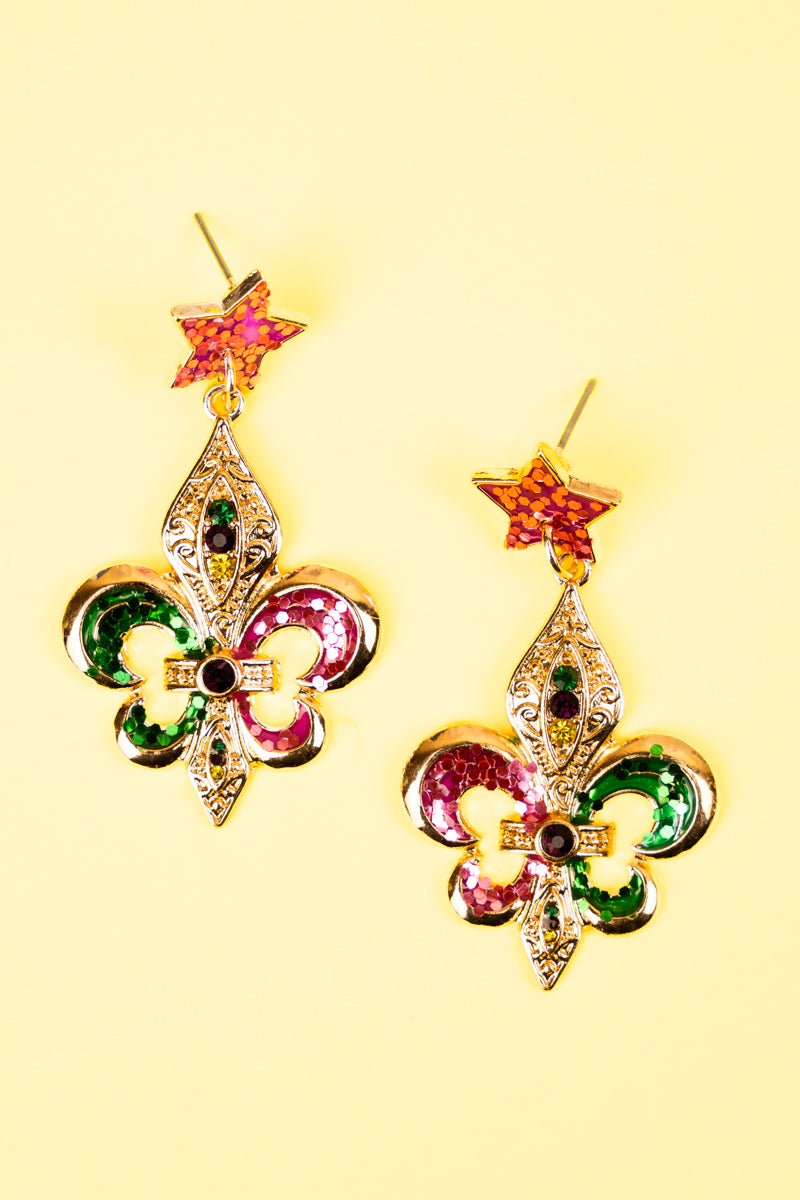 Glitter Mardi Gras Festive Goldtone Earrings - Wholesale Accessory Market