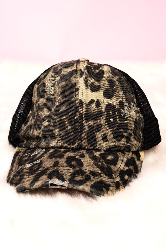 Distressed Loxie Leopard Mesh Ponytail Cap - Wholesale Accessory Market