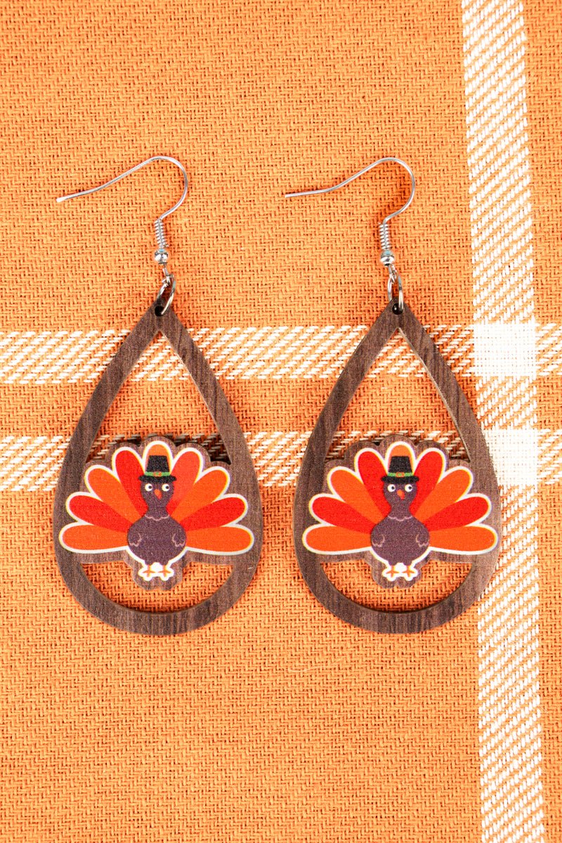 Orange Turkey Teardrop Wood Earrings - Wholesale Accessory Market