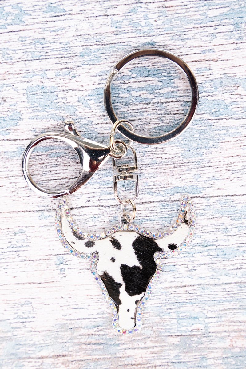 RHINESTONE COW SKULL KEYCHAIN WITH TASSEL