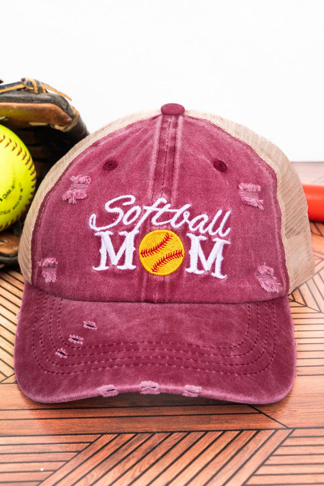 Distressed Maroon 'Softball Mom' Mesh Ponytail Cap - Wholesale Accessory Market