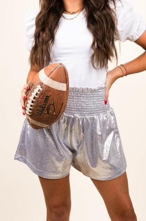 PRE-ORDER! Silver Gameday Smocked Metallic Shorts **EXPECTED SHIP DATE 8/4** - Wholesale Accessory Market